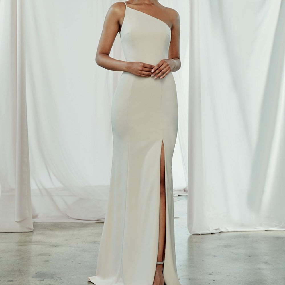 Amsale "Sloan" Ivory One Shoulder Bridesmaid Dress w/ Extra Length